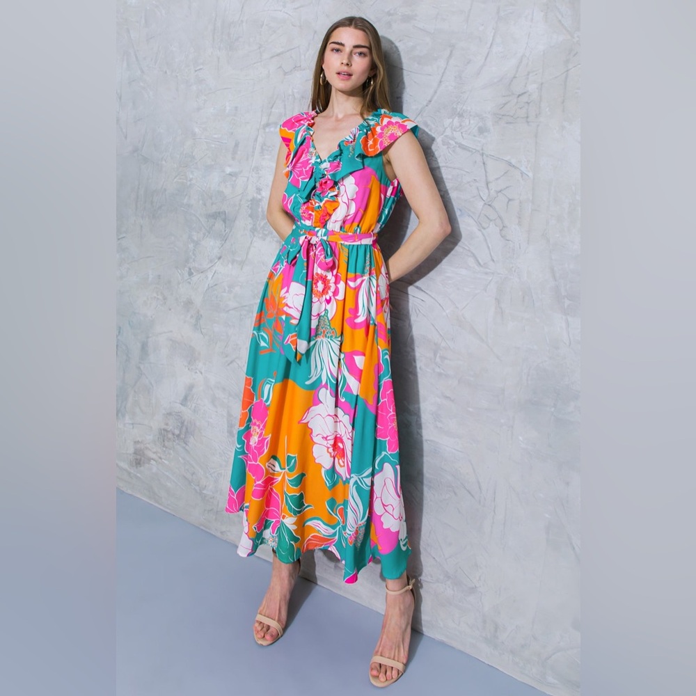 Flying Tomato Floral Ruffle Maxi Dress - Teal, Pink & Orange - Picture 4 of 4